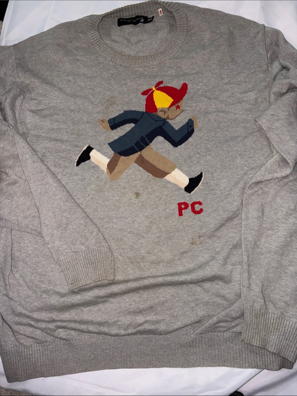 Play Cloths Light Gray Crewneck Sweater with Running Boy Intarsia 3XL